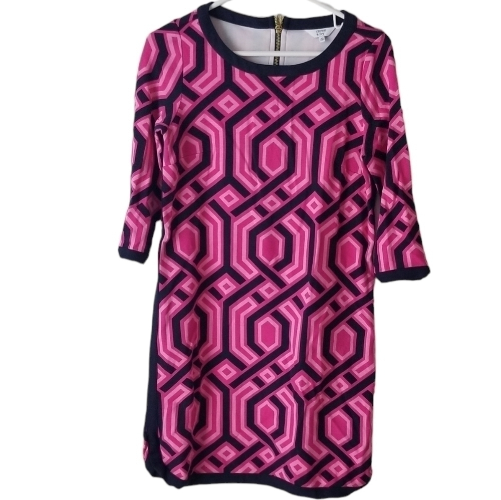 Crown & Ivy Hot Pink/Navy Geometric Print Shift Dress 3/4 Length Sleeves Size XS